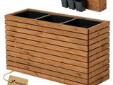 an image of a wooden planter with three pots and a tag