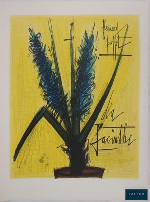 painting of blue flowers in a pot on a yellow background