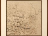 drawing of a boat in a body of water with people on it