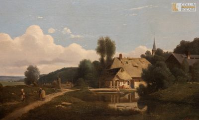 un tableau représentant un village traversé par une rivière