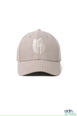 grey baseball cap with a white logo on the front of it