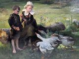 painting of two children feeding ducks in a field with a pond in the background