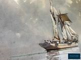 a painting of a boat in the water with a sky background