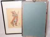 two framed pictures of a man with a sword and a woman holding a sword