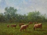 tableau représentant un troupeau de bovins paissant dans un champ, avec des arbres en arrière-plan