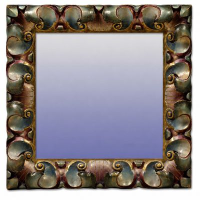 a metal frame with a decorative pattern and a blue background