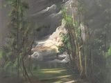 une peinture à l'huile représentant un ciel sombre avec des nuages et des arbres