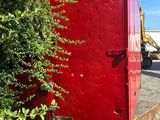 a red truck that is parked next to a tree