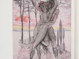 a drawing of a naked woman standing on a tree stump