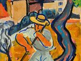 tableau représentant un homme coiffé d'un chapeau de paille, tenant un râteau et une vache