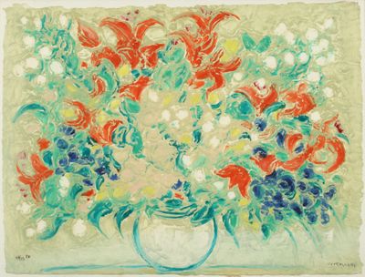 une image d'une peinture de fleurs dans un vase sur une table