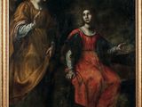 a painting of a woman in a red dress sitting next to a man in a red dress