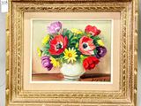 a painting of flowers in a white vase on a table