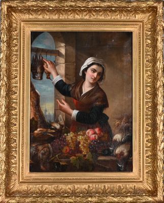 an oil painting of a woman holding a basket of fruit in front of a window