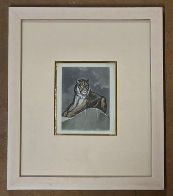 painting of a cat sitting on top of a table next to a wall