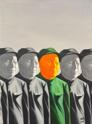un tableau représentant un homme en costume vert et un groupe d'hommes en noir et blanc