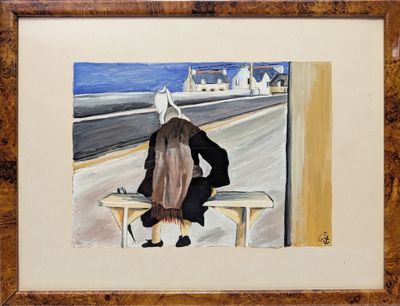 tableau représentant une femme assise sur un banc, regardant par la fenêtre