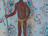 une peinture à l'huile représentant un jeune garçon tenant une lance devant un mur