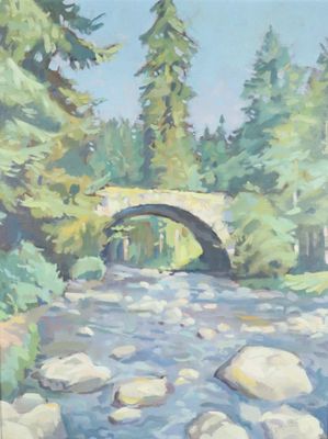 a painting of a bridge over a river in the woods