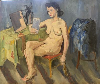 painting of a woman sitting at a table in front of a mirror
