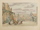 a drawing of a view of a town from a balcony