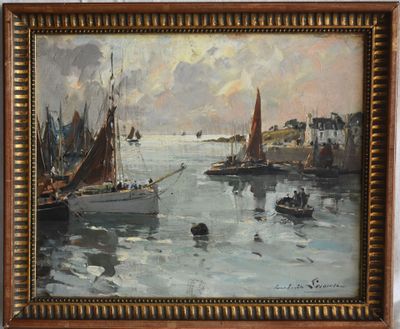 une peinture à l'huile d'une scène portuaire avec des bateaux dans l'eau