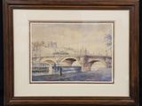 painting of a bridge over a body of water with a castle in the background