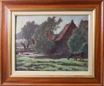 une peinture à l'huile représentant une scène de vie à la ferme avec des vaches qui paissent dans un champ