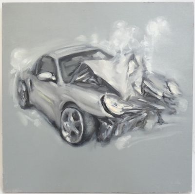 painting of a car with a damaged hood sitting on top of it