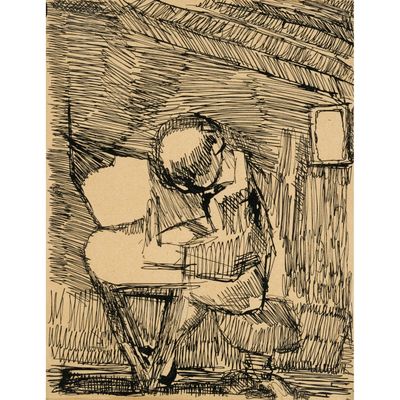 a drawing of a man sitting in a chair reading a book