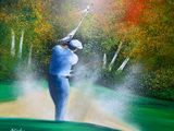 painting of a man hitting a golf ball out of a bunker on a golf course
