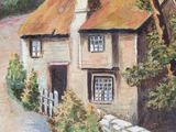 a painting of a cow standing in front of a house