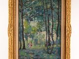 peinture à l'huile d'une scène de forêt avec des arbres au premier plan