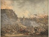 un vieux tableau représentant une bataille, avec un château en arrière-plan