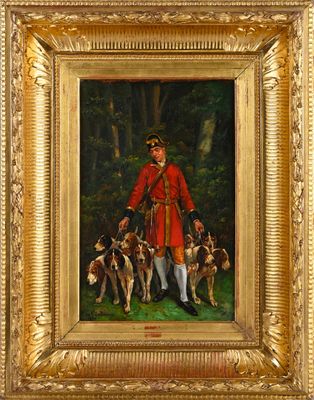 une image représentant un tableau d'un homme vêtu d'un manteau rouge en compagnie de ses chiens