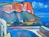 une peinture à l'huile représentant une vue sur une montagne et une route
