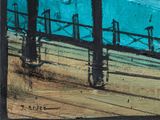 a picture of a painting of a pier on the water