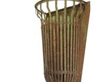 a metal trash can with a green lid on a white background