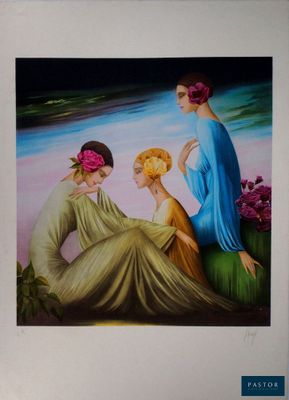 tableau représentant trois femmes assises par terre, avec des fleurs dans les cheveux