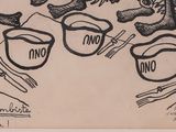 drawing of a group of people sitting around a table with cups and saucers