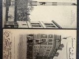 two old black and white photos of a building and a bridge