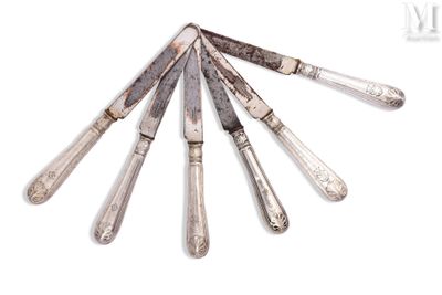cinq cuillères en argent et un couteau posés sur un plan de travail blanc
