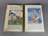 deux pages d'un manuscrit sur lesquelles figure une peinture représentant un homme et une femme à cheval