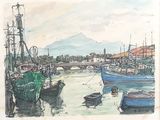 a painting of boats in a harbor with mountains in the background