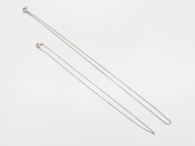 a pair of silver necklaces on a white background