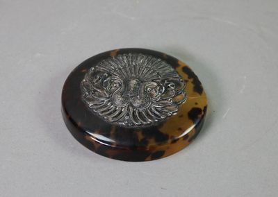a picture of a tortoise shell button with a lion head on it