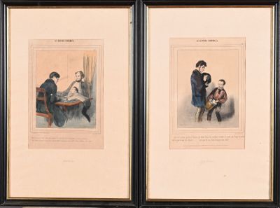 two framed prints of a man and a woman sitting at a table