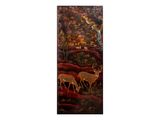 a painting of two deer in a forest with a waterfall in the background