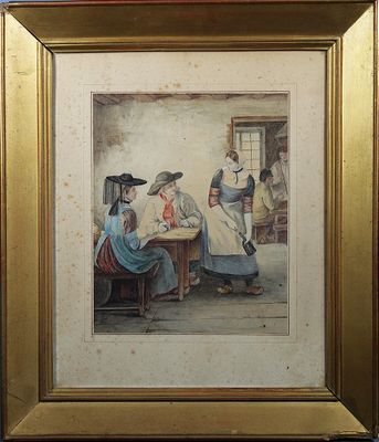 peinture d'un groupe de personnes assises autour d'une table dans une pièce