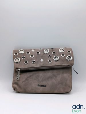 grey leather clutch bag with eyelets and zipper closure